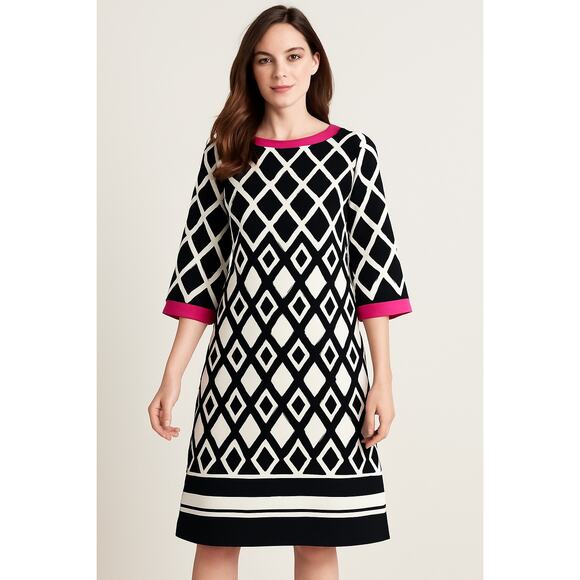 Eliza J Diamond Print Shift Dress Black White Pink Size 6P - Picture 1 of 8